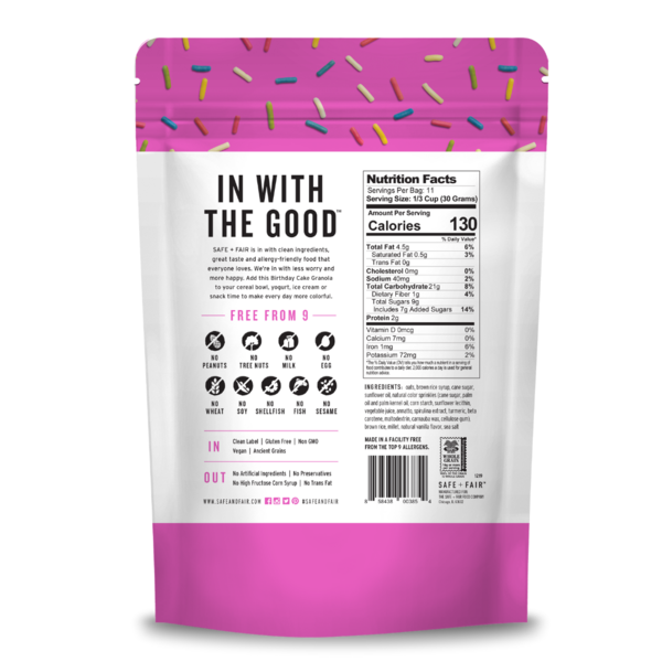 The Safe + Fair Food Company Birthday Cake Granola  DestGlow