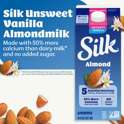 Silk Almond Milk, Unsweet Vanilla, Dairy Free, Gluten Free, Seriously Creamy Vegan Plant Based Milk with 5 Essential Nutrients, 64 fl oz Half Gallon  DestGlow