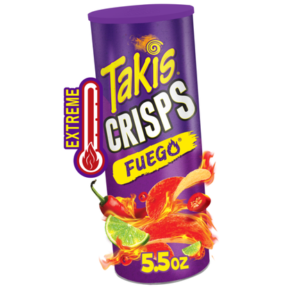 Takis Fuego Crisps 5.5 oz Sharing Size Can, Hot Chili Pepper &amp; Lime Flavored Extreme Spicy Potato Crisps