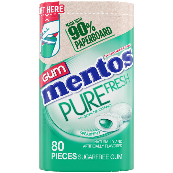 Mentos Gum Pure Fresh Spearmint, 80pc, Recyclable, 90% Paperboard Bottle  DestGlow