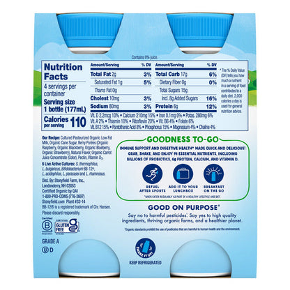 Stonyfield Organic Probiotic Wild Berry Lowfat Yogurt Smoothies