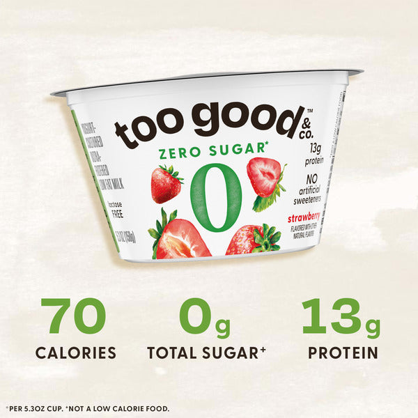 Too Good &amp; Co. Zero Sugar Strawberry Yogurt-Cultured Ultra-Filtered Low Fat Milk Product, Creamy and Delicious Low Fat Yogurt Product Snack Cup with Zero Sugar*, Good Source of Protein, 5.3 OZ Cup