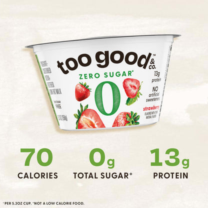 Too Good &amp; Co. Zero Sugar Strawberry Yogurt-Cultured Ultra-Filtered Low Fat Milk Product, Creamy and Delicious Low Fat Yogurt Product Snack Cup with Zero Sugar*, Good Source of Protein, 5.3 OZ Cup