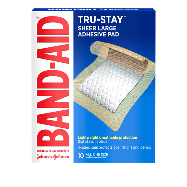 BAND-AID Tru-Stay Adhesive Pads, Large Sterile Sheer Bandages for First Aid &amp; Wound Care, Large Pad Covers &amp; Protects Minor Cuts, Scrapes &amp; Burns, Lightweight, Large Size, 10 ct