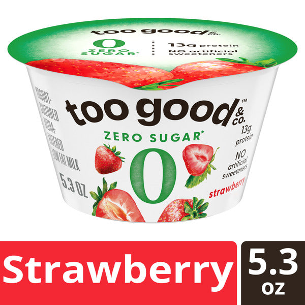Too Good &amp; Co. Zero Sugar Strawberry Yogurt-Cultured Ultra-Filtered Low Fat Milk Product, Creamy and Delicious Low Fat Yogurt Product Snack Cup with Zero Sugar*, Good Source of Protein, 5.3 OZ Cup
