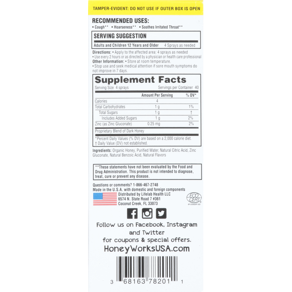 HoneyWorks Throat Spray, Soothing, Plus Zinc, Organic Honey  DestGlow