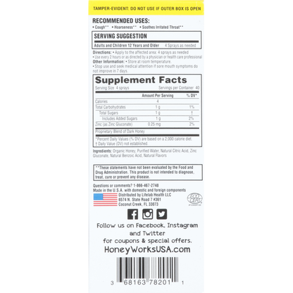 HoneyWorks Throat Spray, Soothing, Plus Zinc, Organic Honey