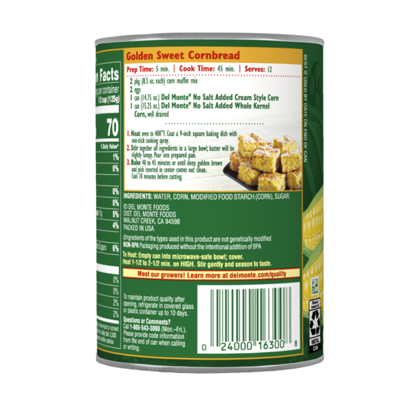 Del Monte No Salt Added Golden Cream Style Sweet Corn  DestGlow