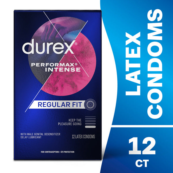 DUREX® Condoms, Ribbed, Dotted with Delay Lubricant, Durex Performax Intense Natural Rubber Latex Condoms, Regular Fit, 12 Count, Contains Desensitizing Lube for Men, FSA &amp; HSA Eligible