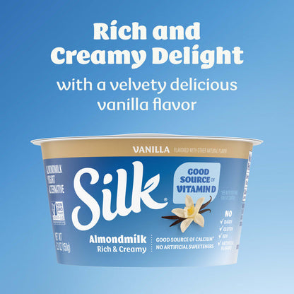 Silk Vanilla Dairy Free, Almond Milk Yogurt Alternative, Rich and Creamy Plant Based Yogurt with 5 Grams of Protein, 4 Ct, 5.3 OZ Containers  DestGlow