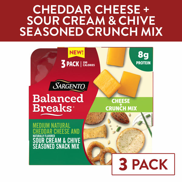 Sargento Balanced Breaks® Cheese + Crunch Mix Medium Natural Cheddar Cheese and Naturally Flavored Sour Cream &amp; Chive Seasoned Snack Mix of Pretzels, Rye Chips, Roasted Almonds, Toasted Bread Chips, Bread Sticks Snack, 3-Pack