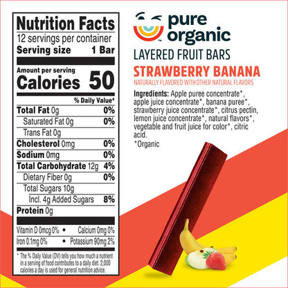 Pure Organic Strawberry Banana Layered Fruit Bars, Gluten Free, 12 Count