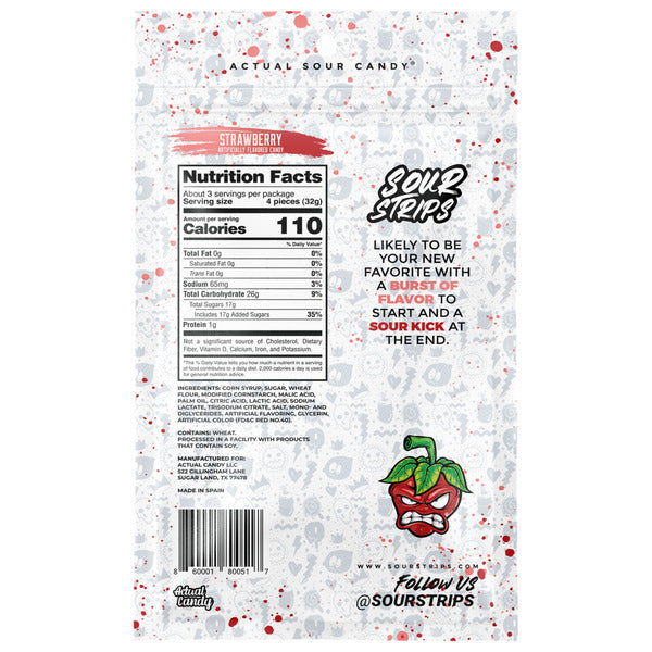 SOUR STRIPS Strawberry Flavored Chewy, Candy Bag, 3.4 oz  DestGlow