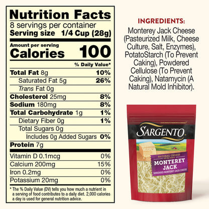 Sargento Natural Monterey Jack Shredded Cheese, Fine Cut, 8 oz