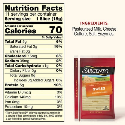 Sargento Natural Swiss Sliced Cheese, 11 Slices