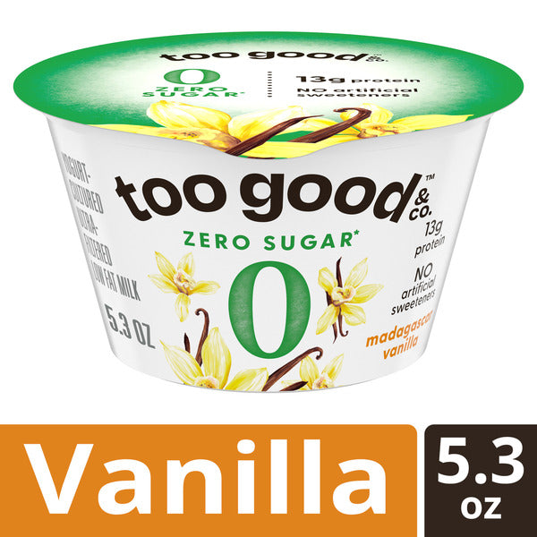 Too Good &amp; Co. Zero Sugar Vanilla Yogurt-Cultured Ultra-Filtered Low Fat Milk Product, Gluten Free, Keto Friendly, 5.3 OZ Cup