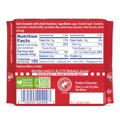 Ritter Sport Dark Chocolate Candy Bar with Crunchy Whole Hazelnuts
