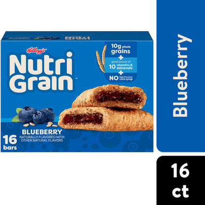 Kellogg’s Nutri-Grain Blueberry Breakfast Bars, Made with 10g Whole Grains, Value Pack, 16 Count