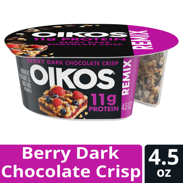 Oikos REMIX Berry Dark Chocolate Crisp 11g Protein Mixed Berry Nonfat Yogurt with Dark Chocolate and White Fudge Berry Granola Mix-Ins, 4.5 oz Cup  DestGlow