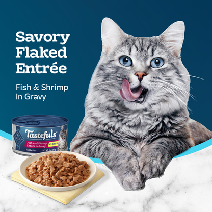 Blue Buffalo Tastefuls Natural Flaked Wet Cat Food, Fish &amp; Shrimp Entrée in Gravy