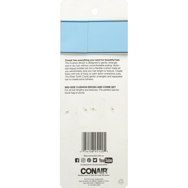 Conair Brush and Comb Set, Mid-Size Cushion, Detangle &amp; Style