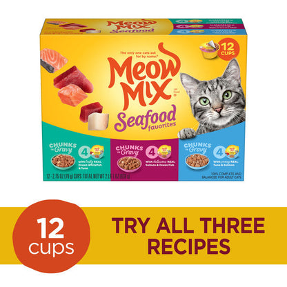 Meow Mix Seafood Favorites Chunks in Gravy Variety Pack Cat Food, 12 Cups  DestGlow
