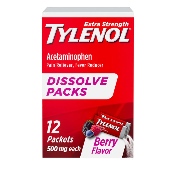 TYLENOL Extra Strength Dissolve Packs, 500 mg Acetaminophen Pain Reliever &amp; Fever Reducer, On-the-Go Powder Packets for Minor Aches &amp; Pains, Ibuprofen- &amp; Aspirin-Free, Berry Flavor, 12 ct  DestGlow