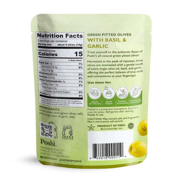 Poshi Basil &amp; Garlic Pitted Green Olives