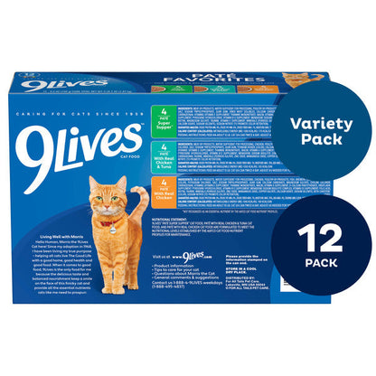 9Lives Paté Favorites Wet Cat Food Variety Pack, 5.5 oz. Cans (Pack of 12)  DestGlow