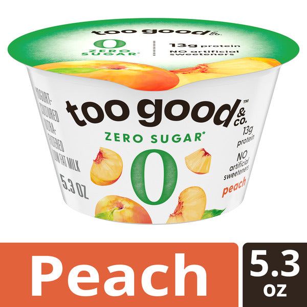 Too Good &amp; Co. Zero Sugar Peach Yogurt-Cultured Ultra-Filtered Low Fat Milk Product, Gluten Free, Keto Friendly, 5.3 oz Cup