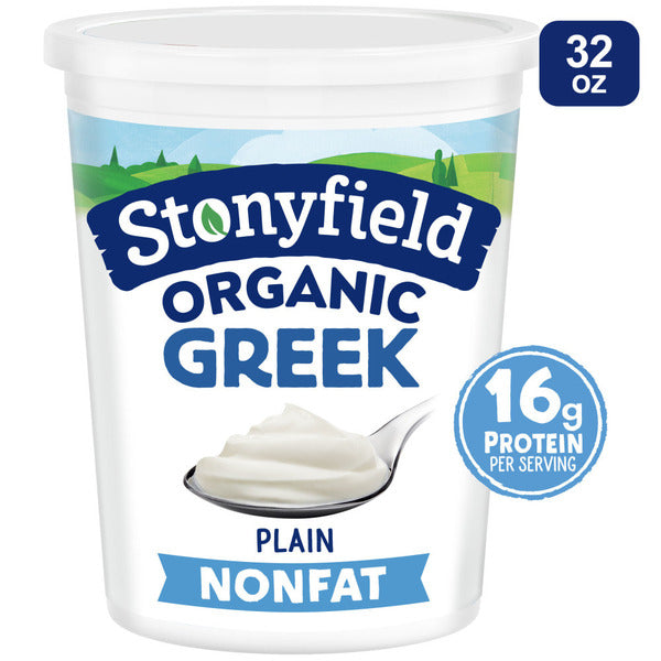 Stonyfield Organic Greek Nonfat Yogurt, Plain, 32 oz. – High in Protein (16g), 0% Fat; Multi-Serving Yogurt Snack &amp; Cooking Substitute