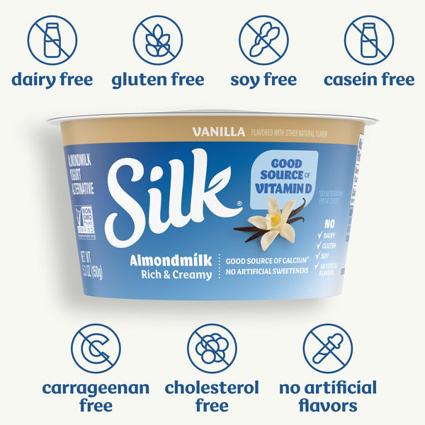 Silk Vanilla Dairy Free, Almond Milk Yogurt Alternative, Rich and Creamy Plant Based Yogurt with 5 Grams of Protein, 4 Ct, 5.3 OZ Containers  DestGlow