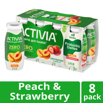 Activia ZERO 0g Added Sugar Peach and Strawberry Probiotic Dailies, Low Fat Probiotic Yogurt Drinks With 0g Added Sugar to Help Support Gut Health, 3.1 fl oz, 8 Count