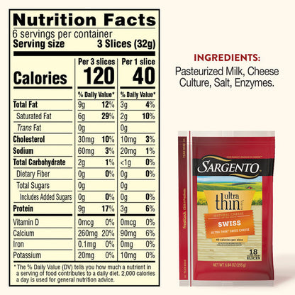 Sargento Ultra Thin® Natural Swiss Sliced Cheese, 18 Slices