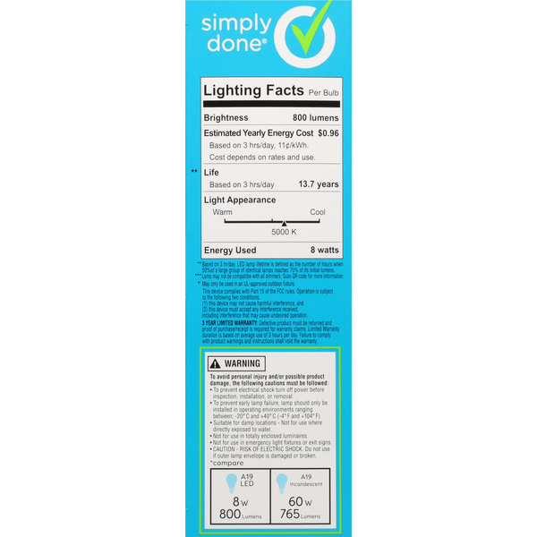 Simply Done Light Bulbs, LED, Daylight, 8 Watts  DestGlow