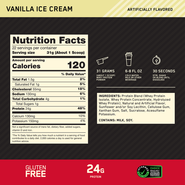 Optimum Nutrition Gold Standard 100% Whey Protein Powder, Vanilla Ice Cream, 22 Servings  DestGlow