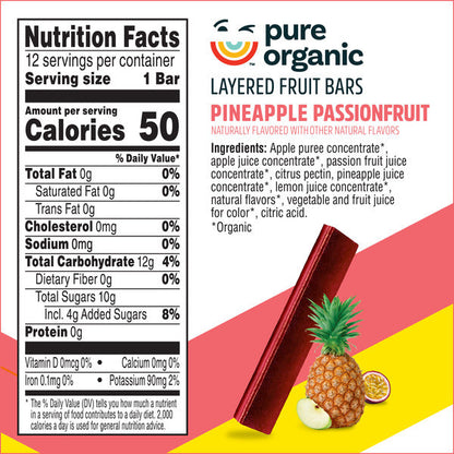 Pure Organic Pineapple Passionfruit Layered Fruit Bars, Gluten Free, 12 Count