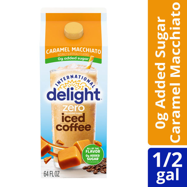 International Delight Zero Iced Coffee, 0g Added Sugar, Caramel Macchiato, Ready to Pour Coffee Drinks Made with Real Milk and Cream, 64 FL OZ Carton
