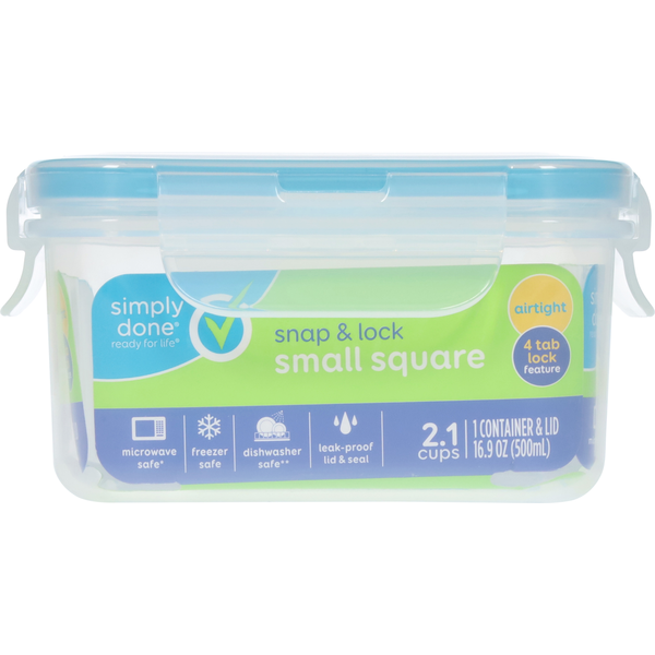 Simply Done Container &amp; Lid, Snap &amp; Lock, Small, Square, 16.9 Ounce