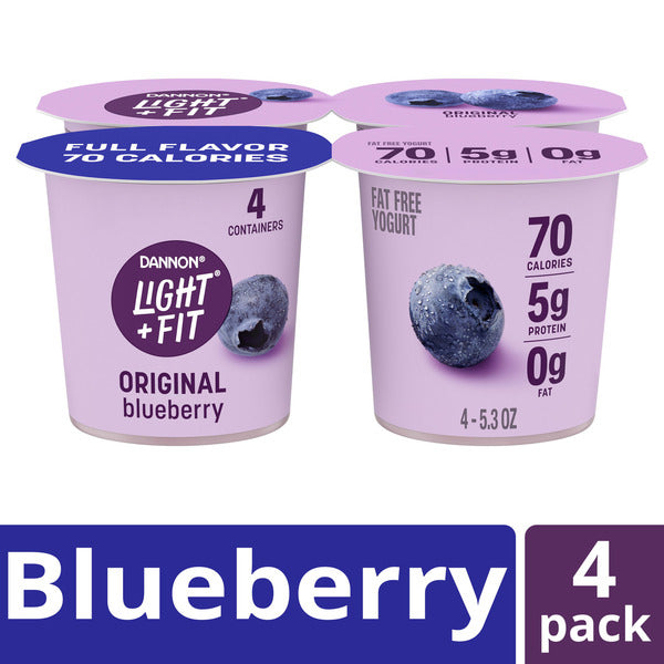Dannon Light + Fit Dannon Light + Fit Blueberry Original Nonfat Yogurt Pack, 0 Fat and Only 70 Calories, Creamy and Delicious Blueberry Yogurt, 4 Ct, 5.3 OZ Cups  DestGlow