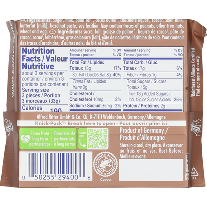 Ritter Sport Cocoa Mousse Filling Milk Chocolate