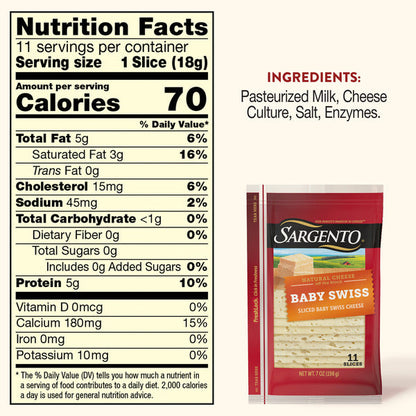 Sargento Natural Baby Swiss Sliced Cheese, 11 Slices