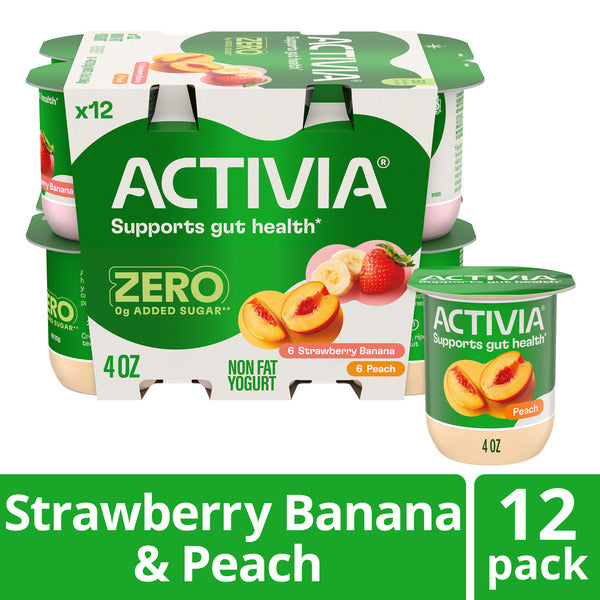 Activia Zero 0g Added Sugar Strawberry Banana &amp; Peach Probiotic Nonfat Yogurt Cups, 4 oz, 12 Count  DestGlow