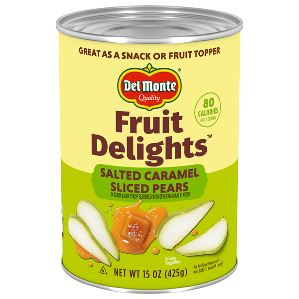 Del Monte Salted Caramel Sliced Pears in Extra Light Syrup  DestGlow