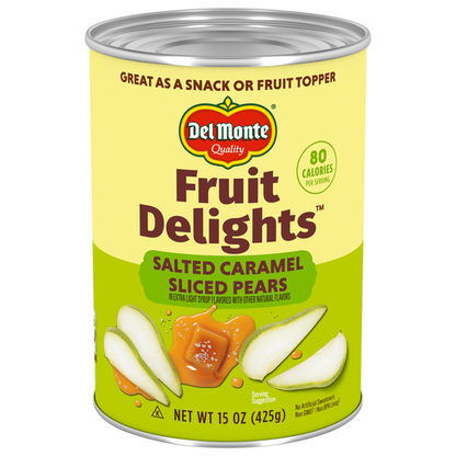 Del Monte Salted Caramel Sliced Pears in Extra Light Syrup  DestGlow