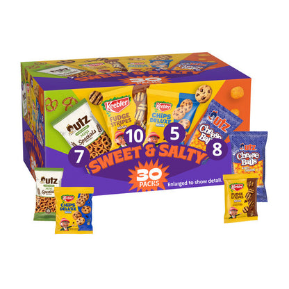 Keebler Sweet &amp; Salty Variety Pack, 30-Count Box,  Includes Keebler Chips Deluxe, Fudge Stripes, Utz mini Pretzels and Cheese Balls, 31 oz