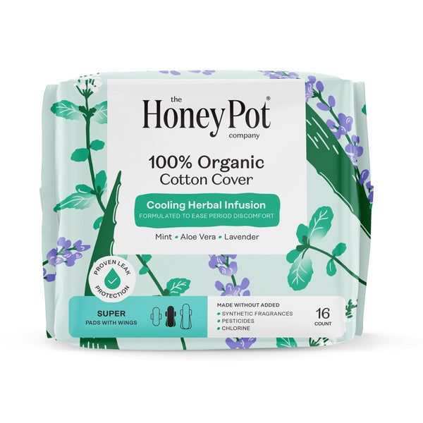 The Honey Pot Company 100% Organic Cotton Cover Cooling Herbal Infusion Super Pads  DestGlow