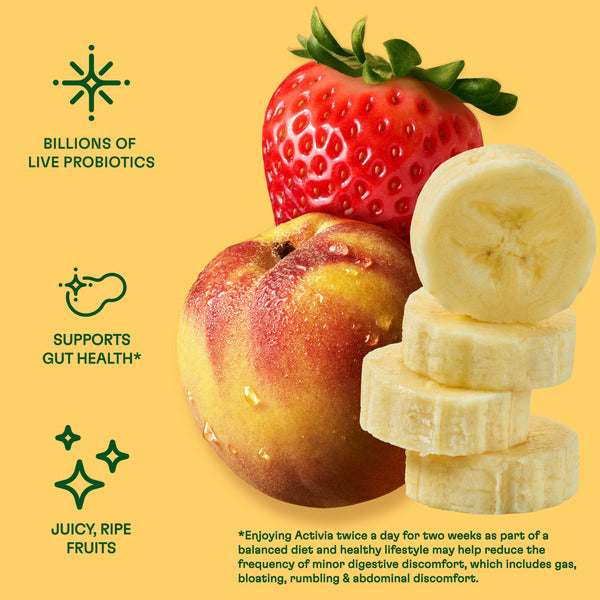 Activia Zero 0g Added Sugar Strawberry Banana &amp; Peach Probiotic Nonfat Yogurt Cups, 4 oz, 12 Count  DestGlow
