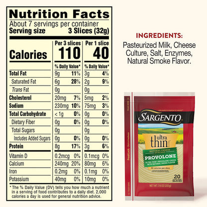 Sargento Ultra Thin® Natural Provolone with Natural Smoke Flavor Sliced Cheese, 20 Slices