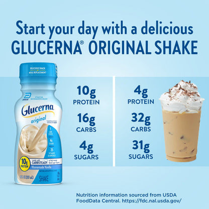 Glucerna Original Nutritional Shake, Diabetic Drink to Support Blood Sugar Management, Homemade Vanilla, 8-fl-oz, 6 Count  DestGlow